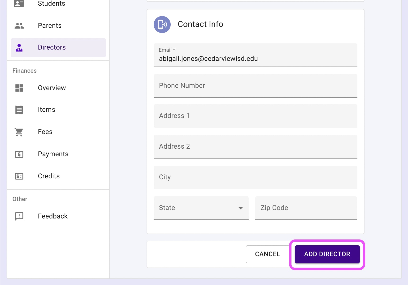 Form completed, Add Director highlighted.