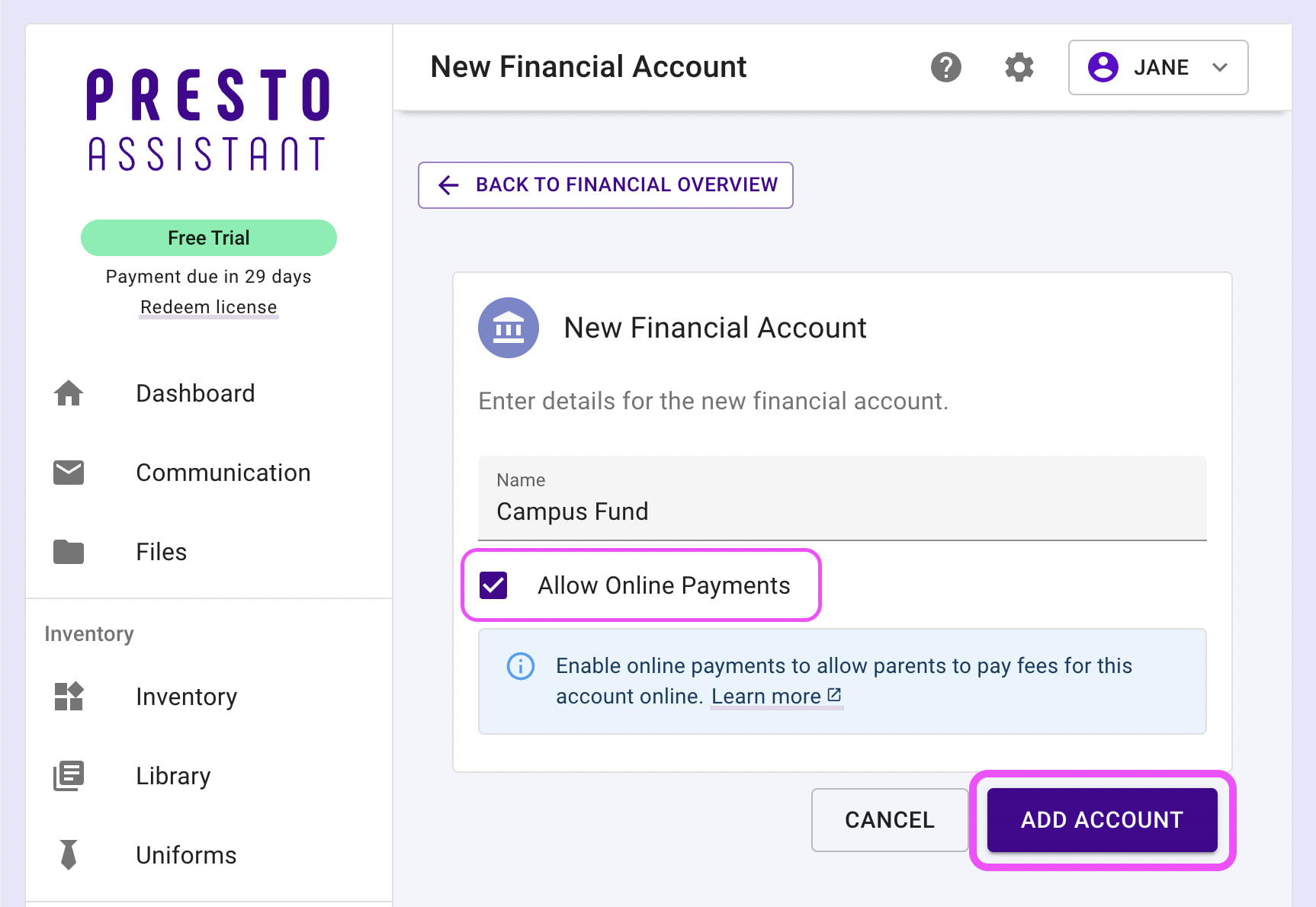 Financial Account form highlighting the "allow online payments" checkbox and the submit button.