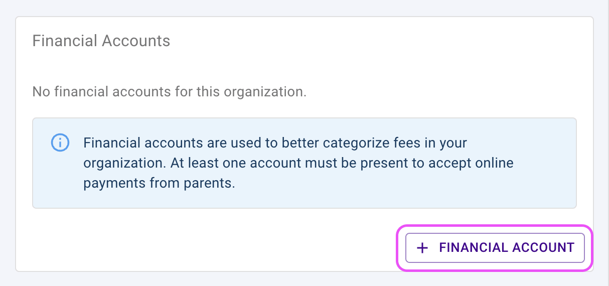 Finances Overview section showing highlighted button to add a new Financial Account.