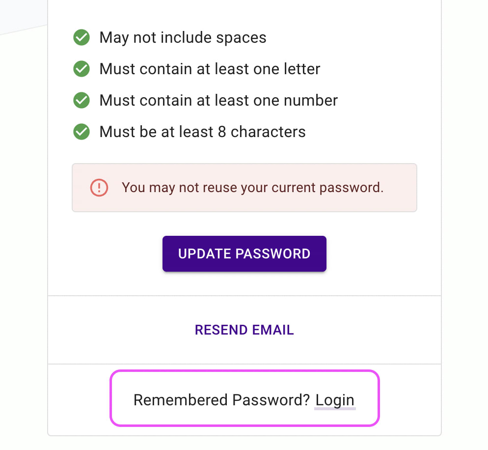 Reset password form with an error that reads "You may not reuse your current password". The link to the login page is highlighted.