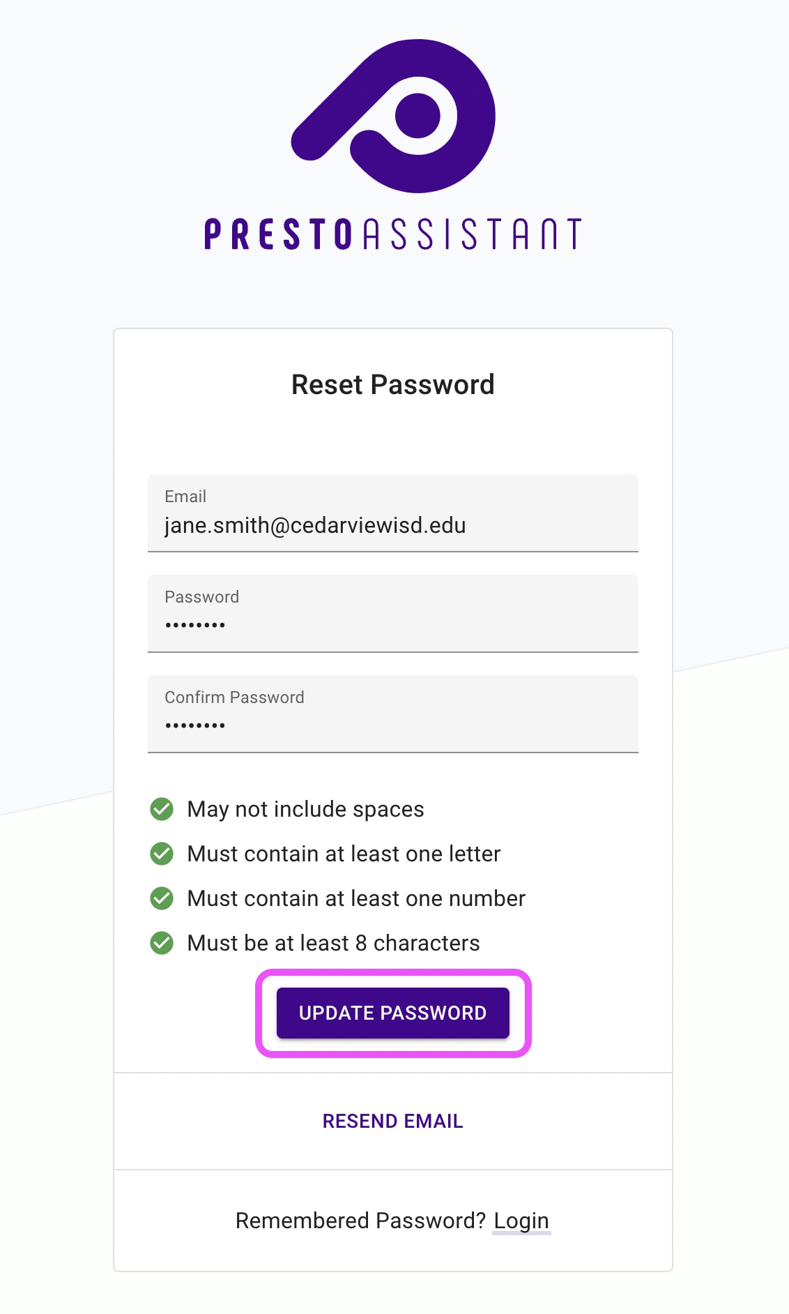 Reset password form highlight the "Update Password" button.