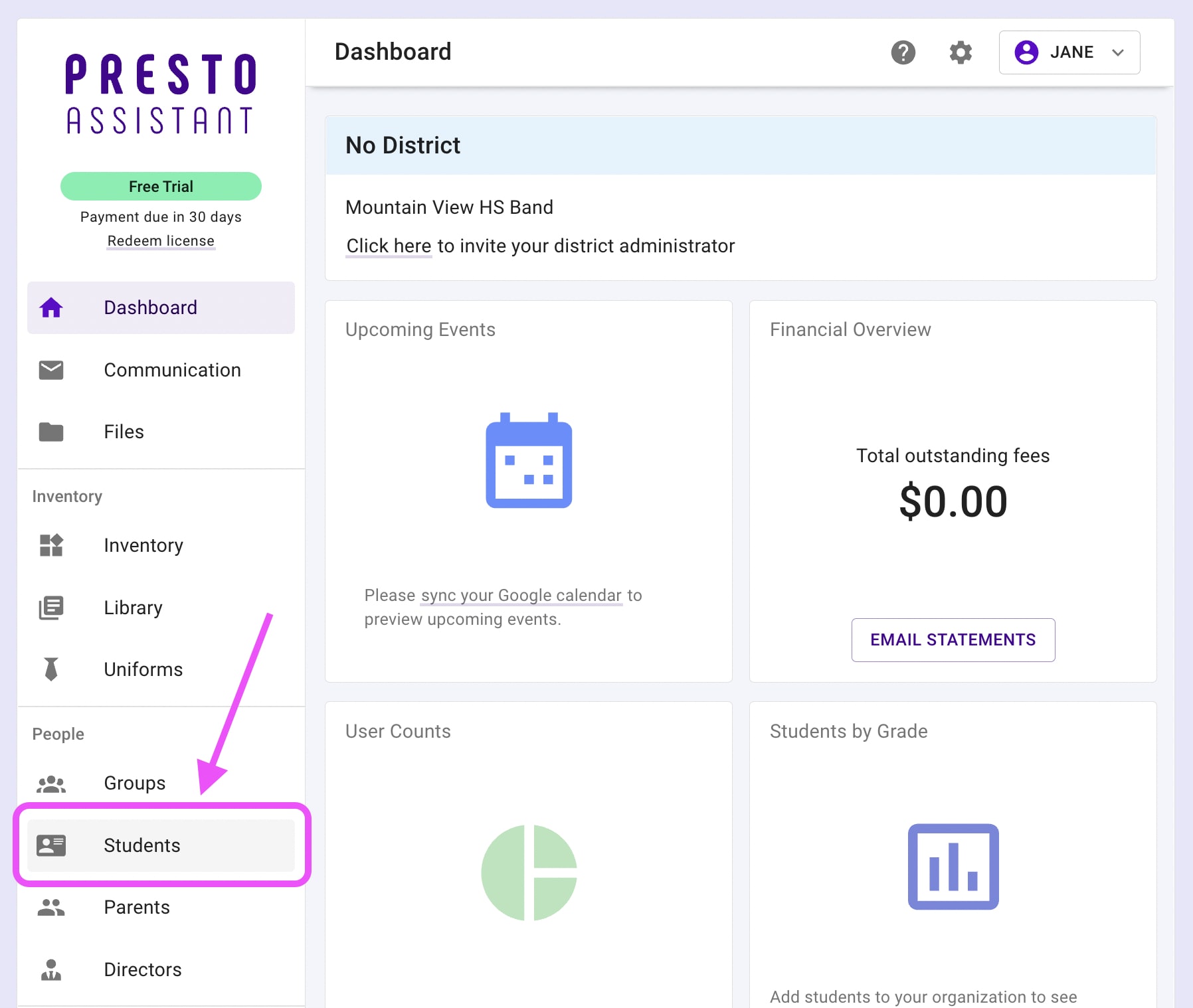 Dashboard with arrow pointing at Students item in left navigation menu.