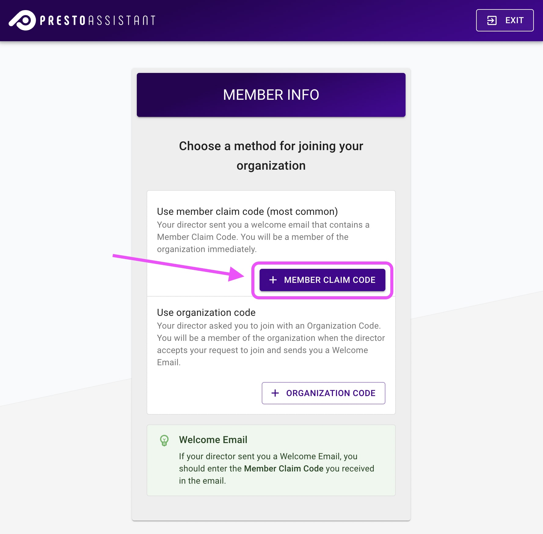 Member Info page highlighting the button that reads Member Claim Code.