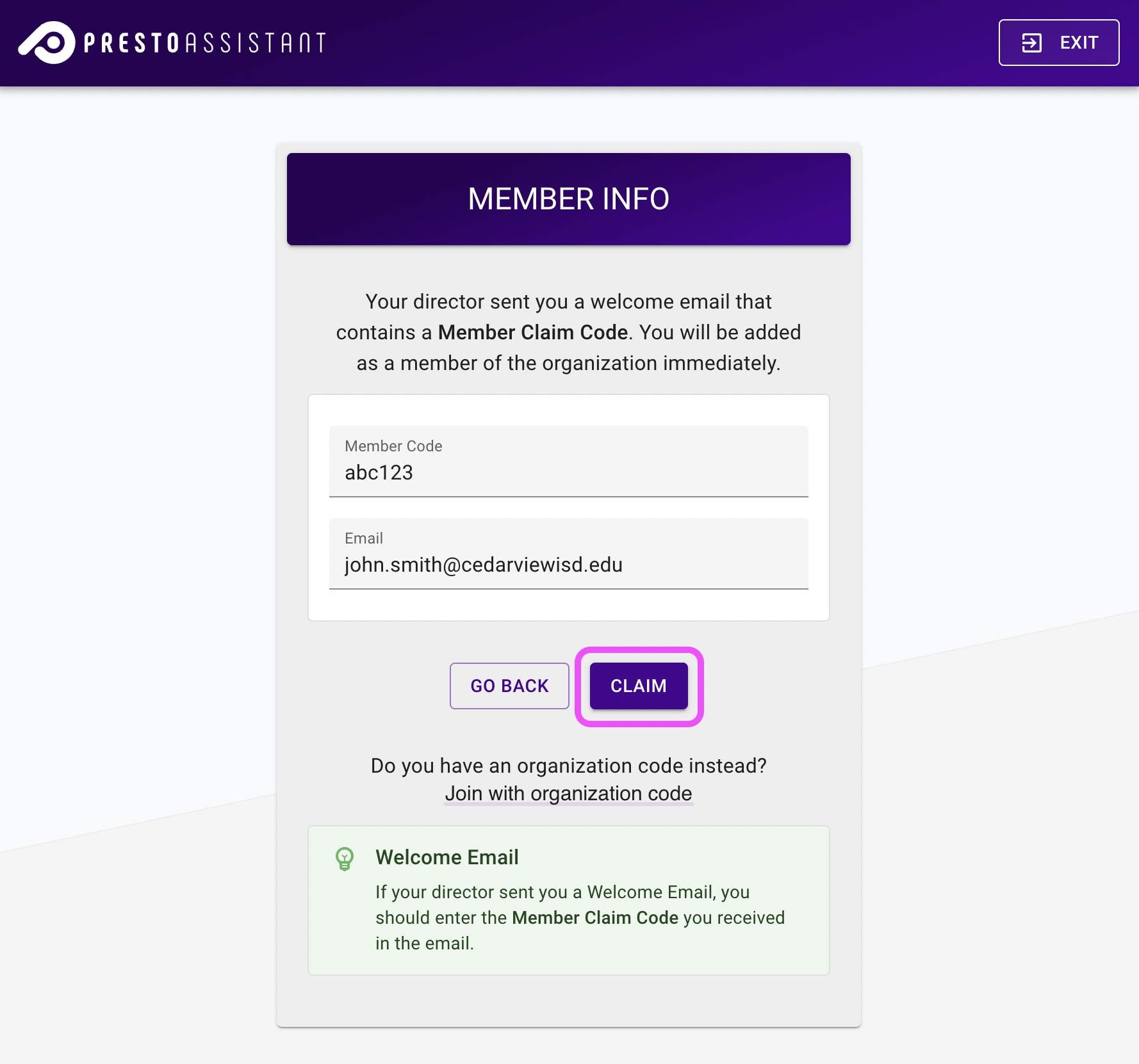 Member Claim Code form with completed info fields and submit button highlighted.