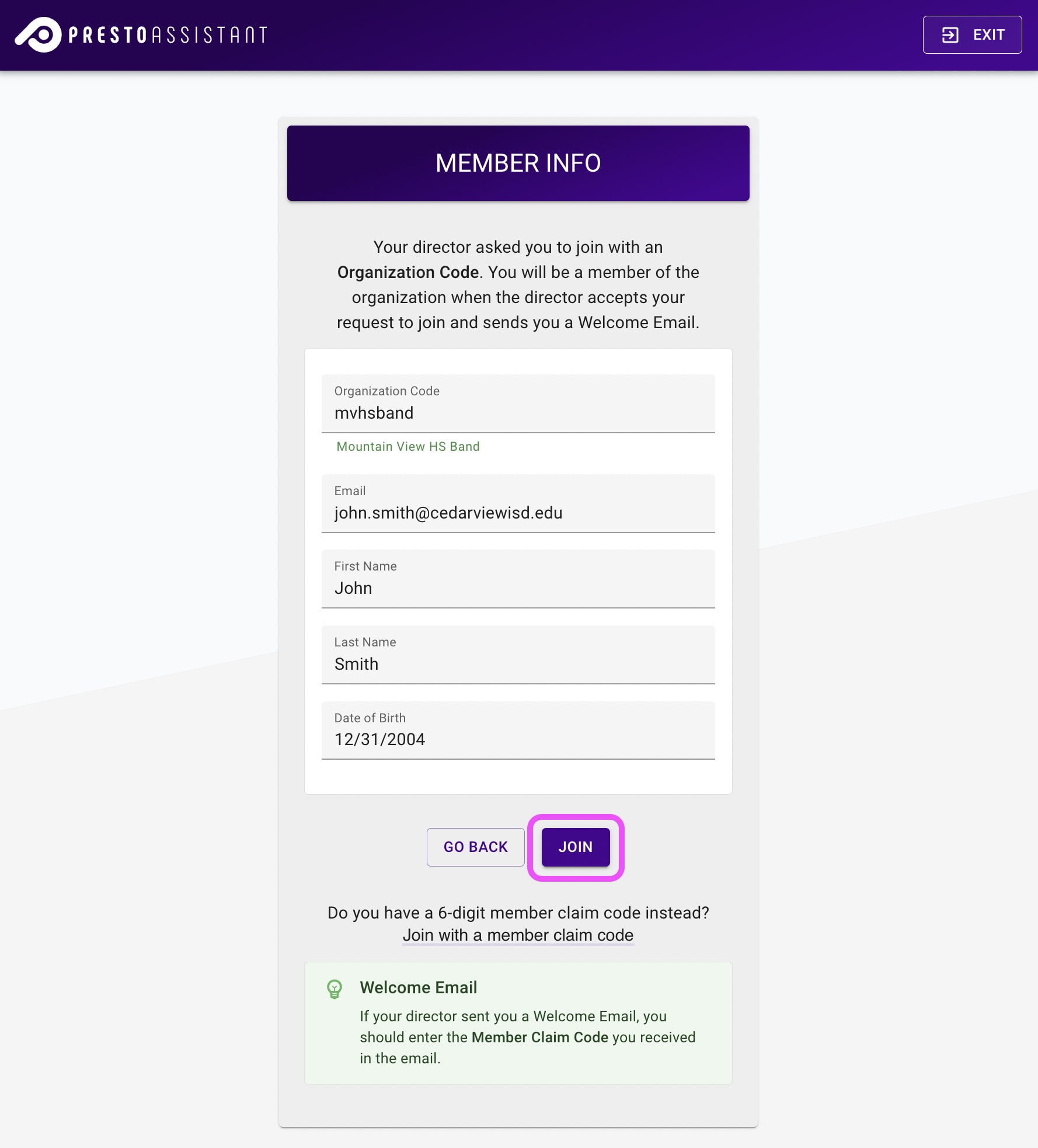 Organization Code form with completed info fields and submit button highlighted.