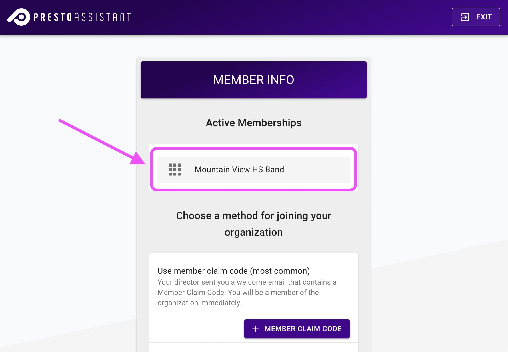 Member Info page highlighting a list item of an approved organization membership.