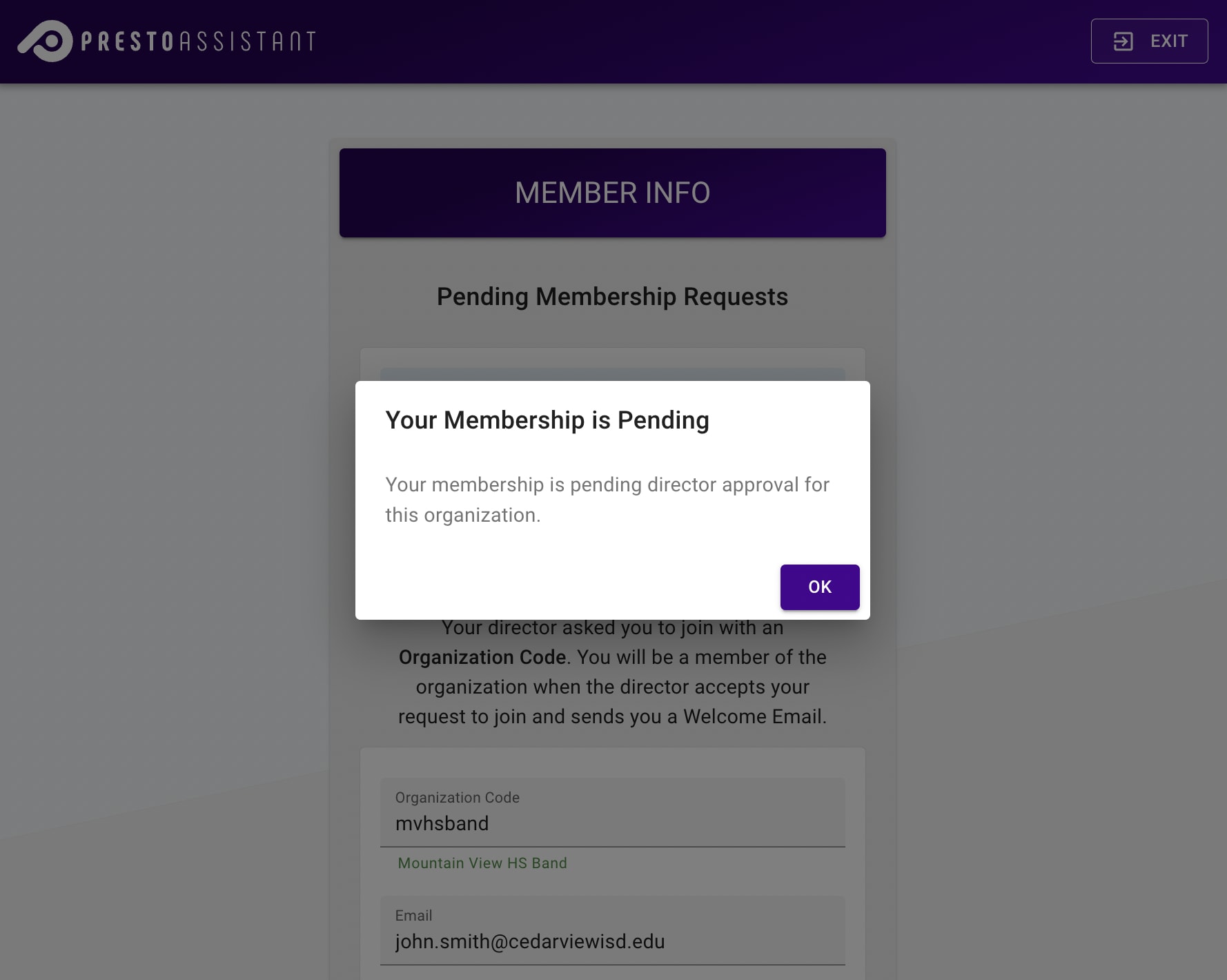 Confirmation dialog with text explaining that the member has a pending status.