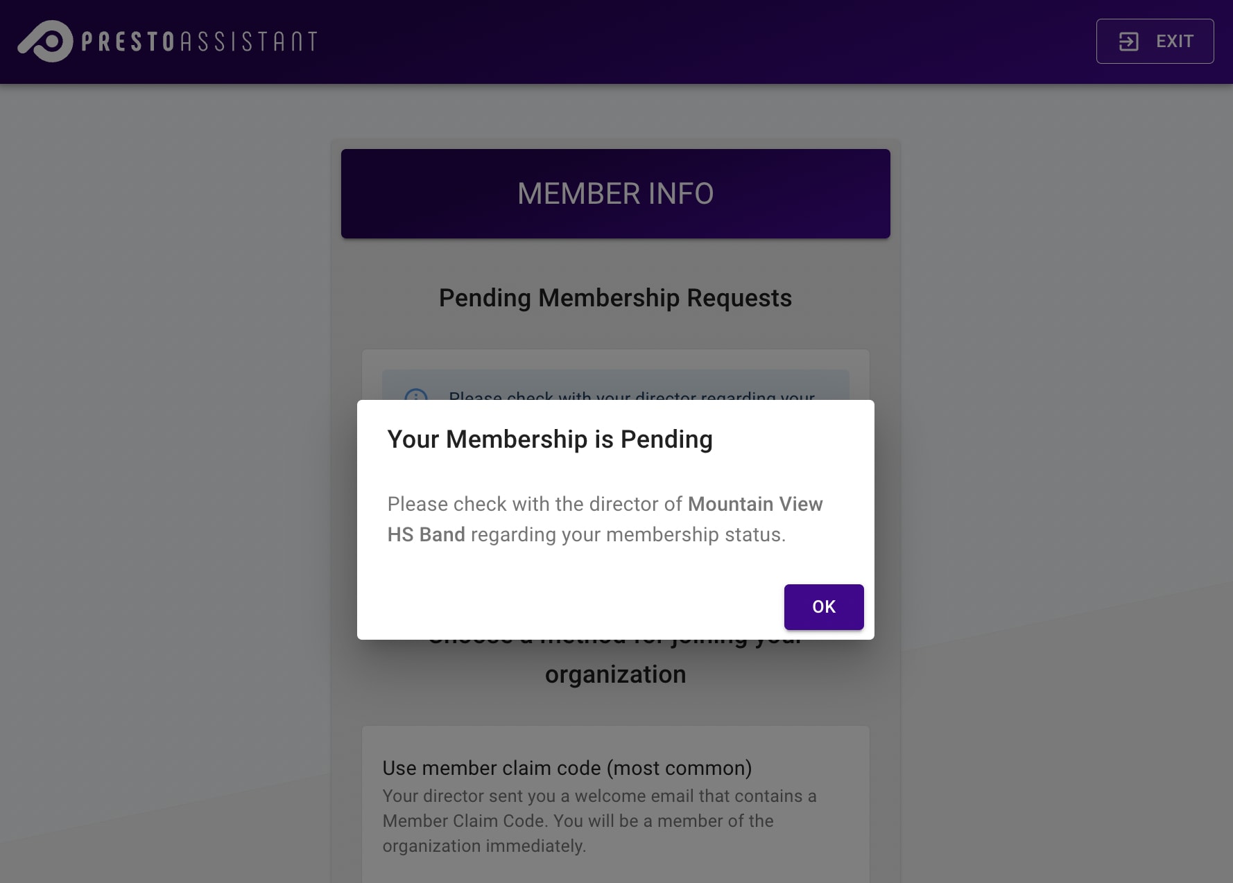 Confirmation dialog with text explaining that the member has a pending status.