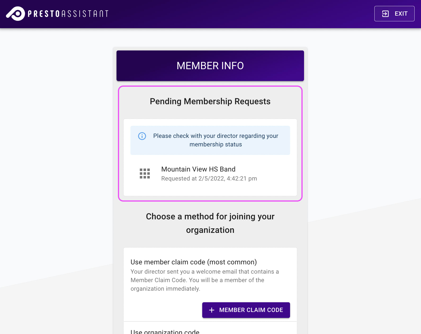 Member Info page highlighting the list of pending organization memberships.