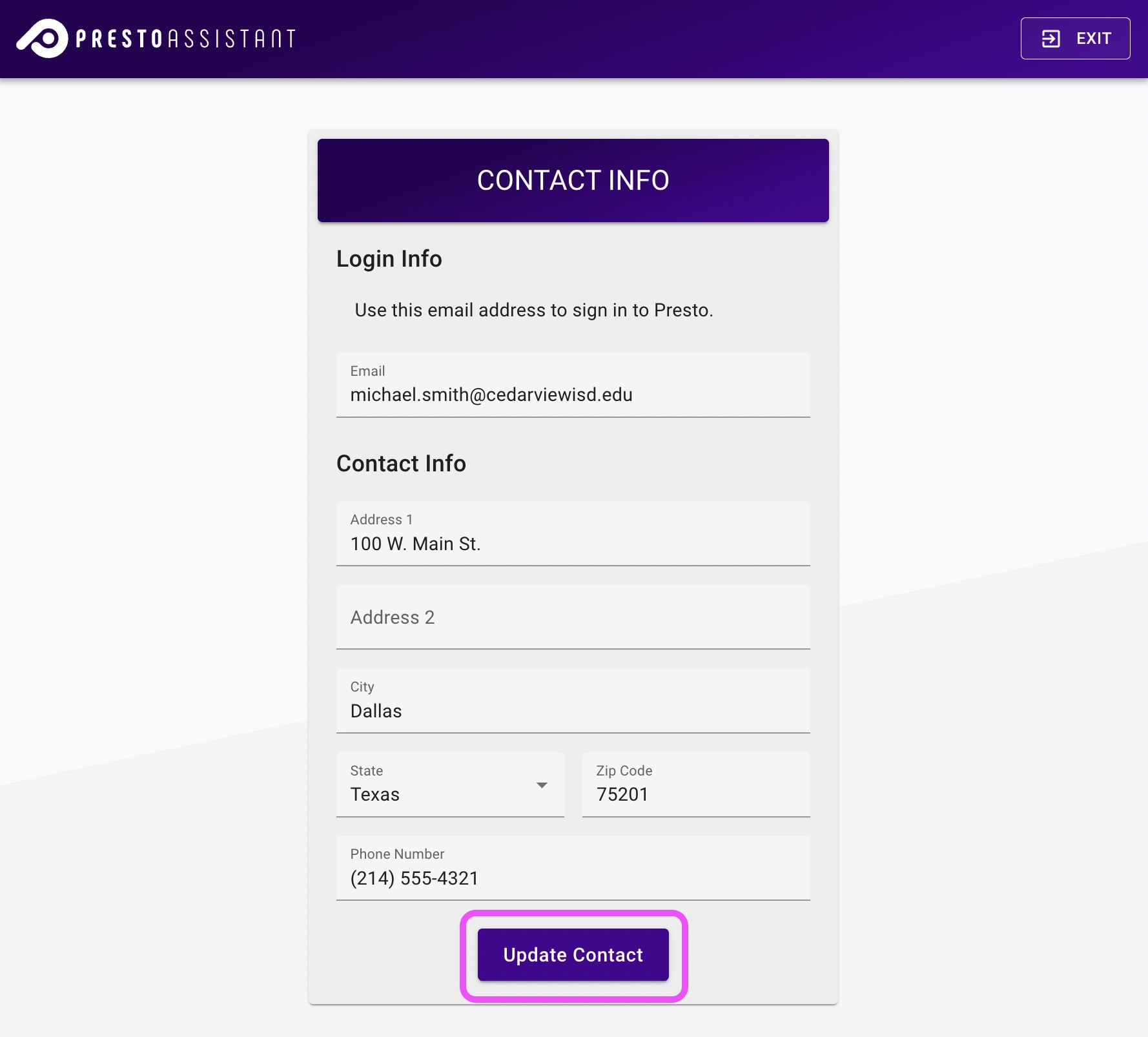 Completed Contact Info page with submit button highlighted.