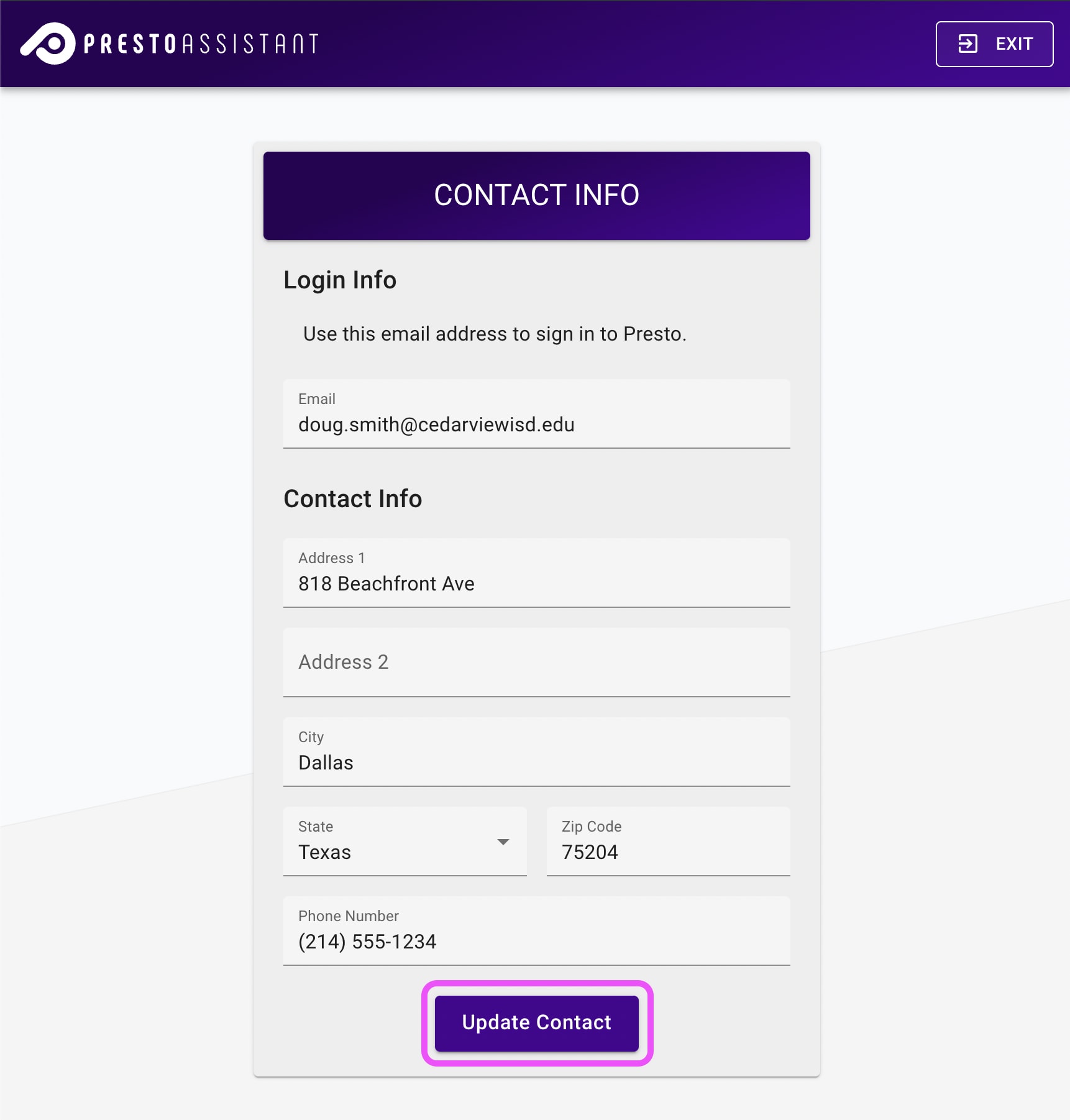 Completed Contact Info page with submit button highlighted.