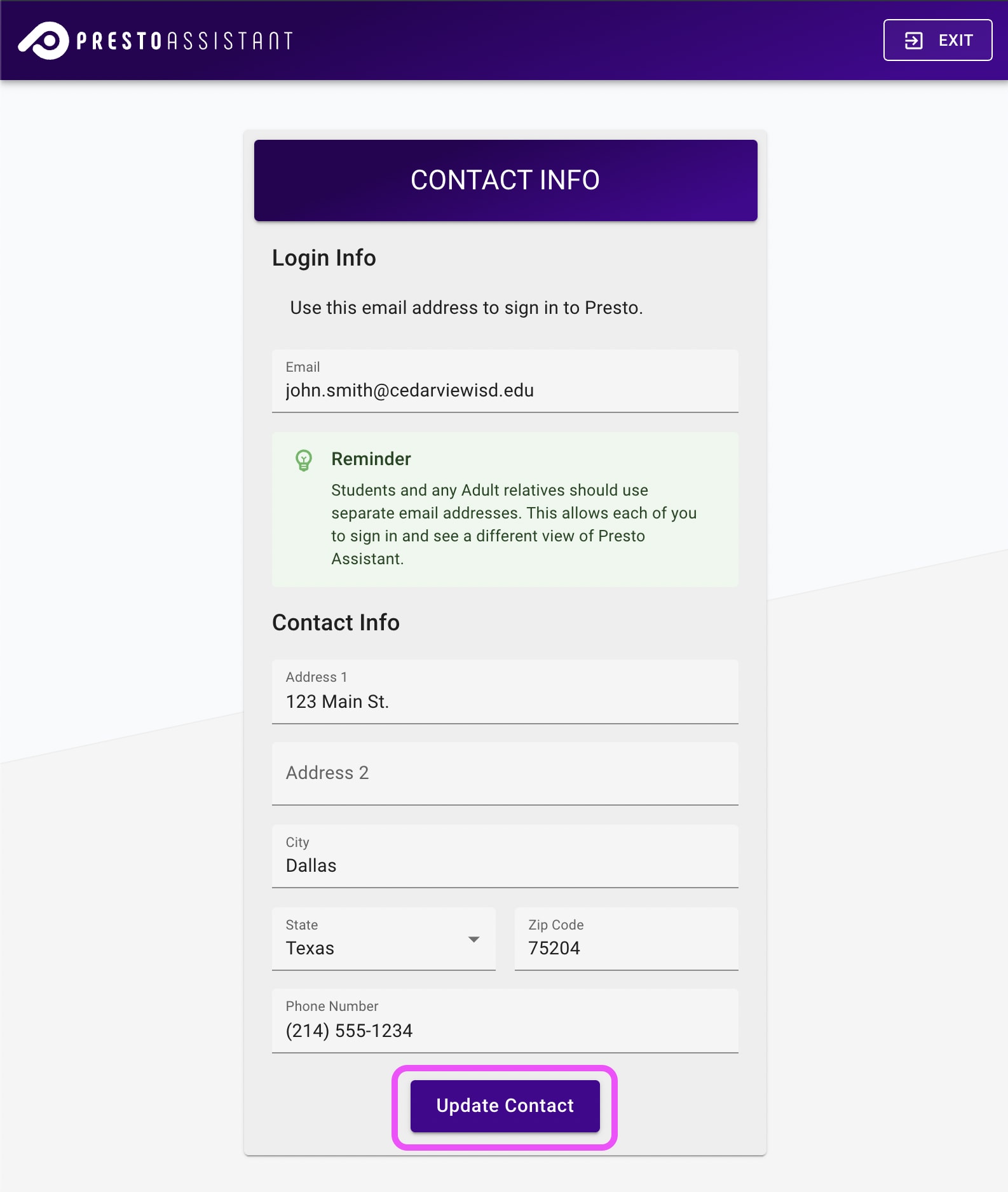 Contact Info form with the submit button highlighted.