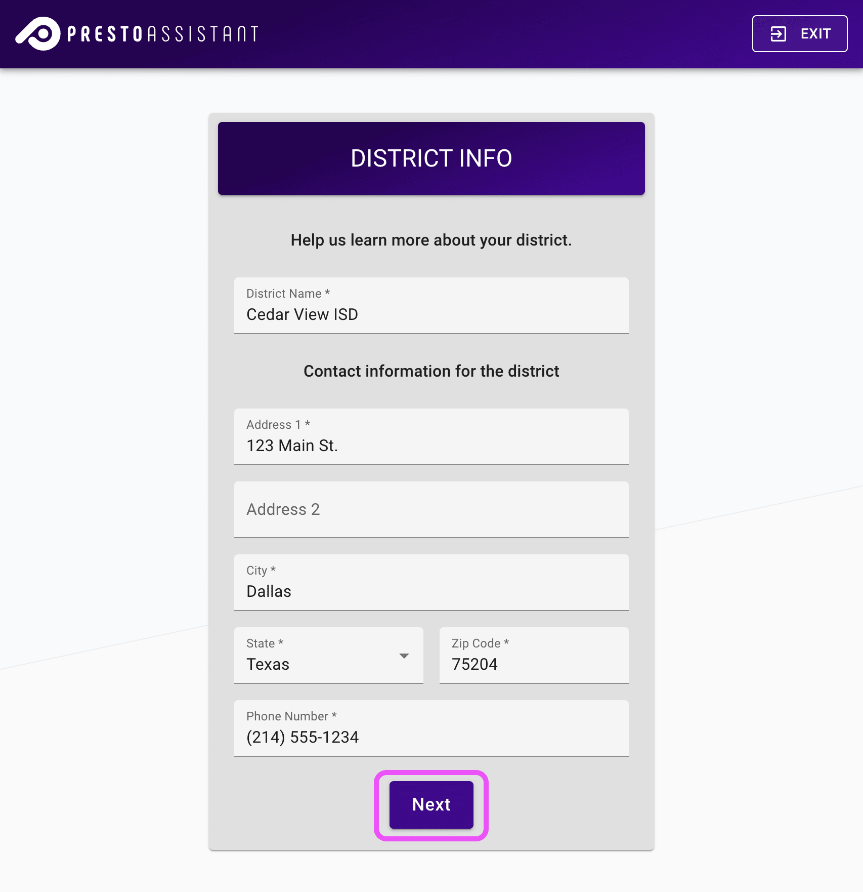 District form highlighting the submit button.