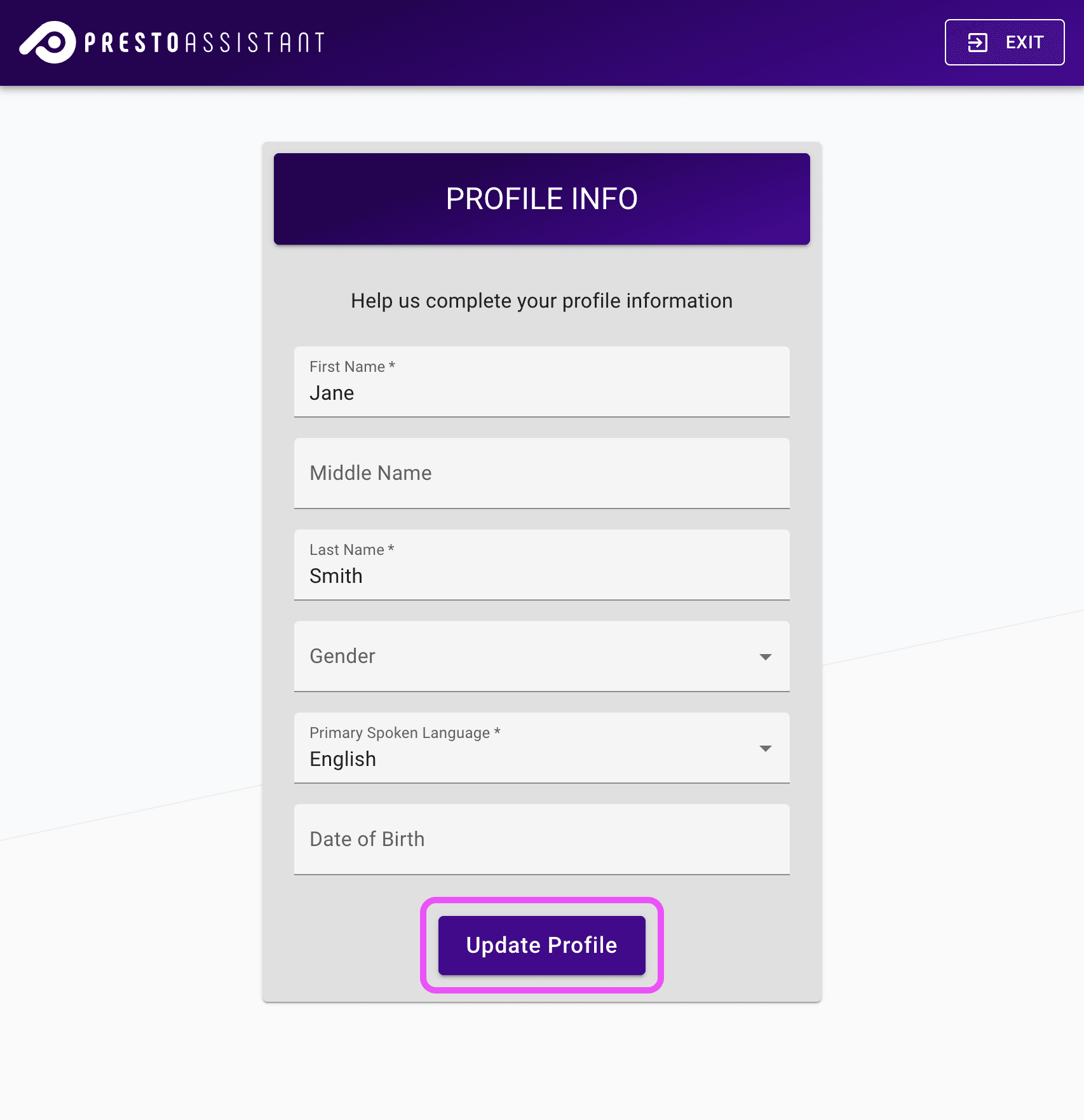 Profile Info form with the submit button highlighted.