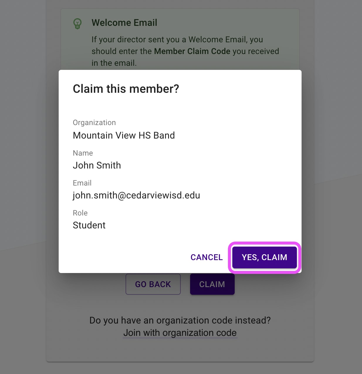 Member Claim Code form confirmation dialog with submit button highlighted.