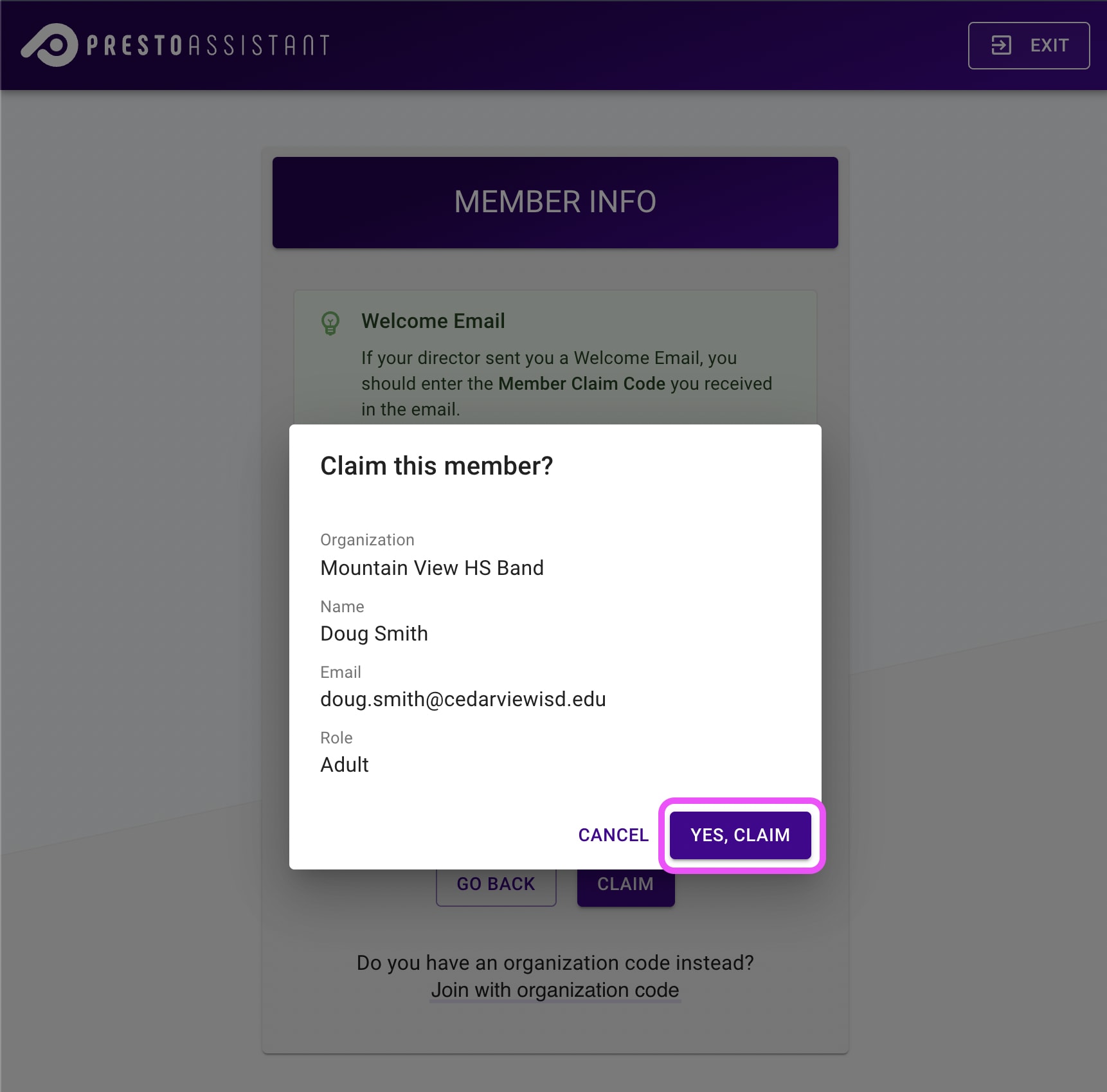 Member Claim Code form confirmation dialog with submit button highlighted.