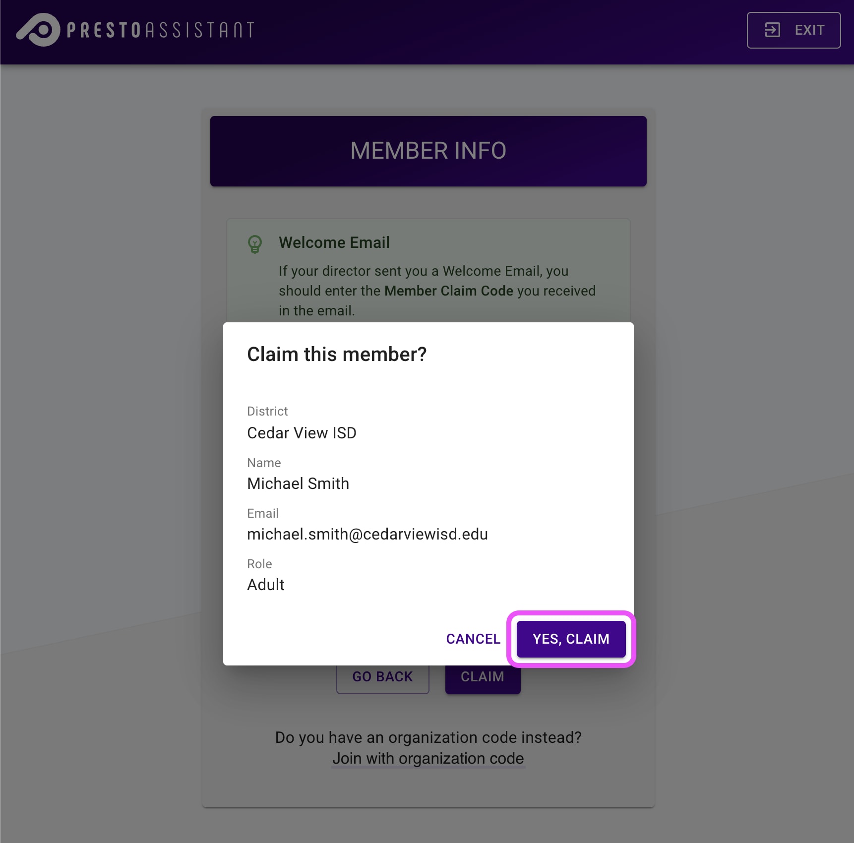 Member Claim Code form confirmation dialog with submit button highlighted.