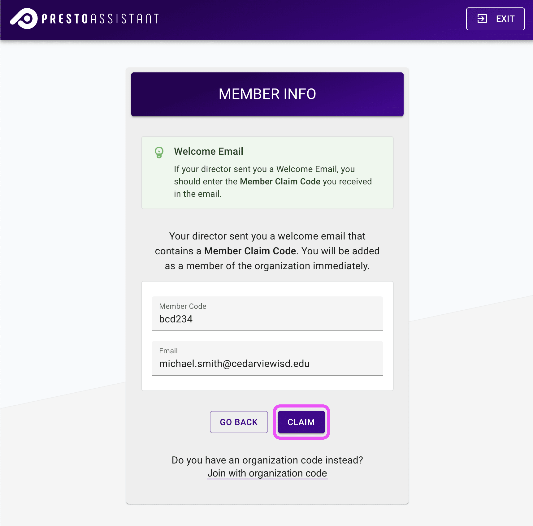 Member Claim Code form with completed info fields and submit button highlighted.