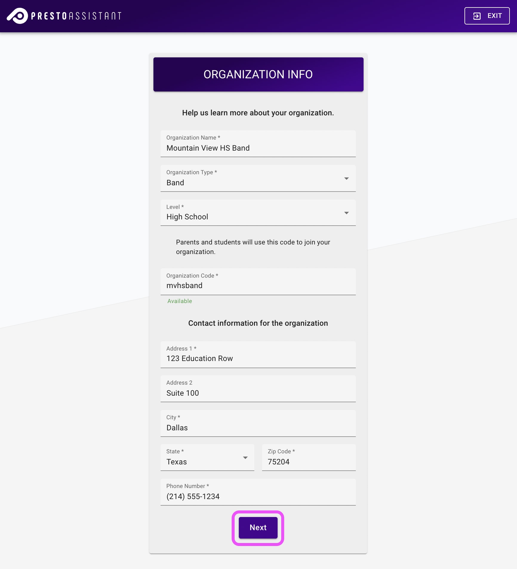 Organization Info form with the submit button highlighted.