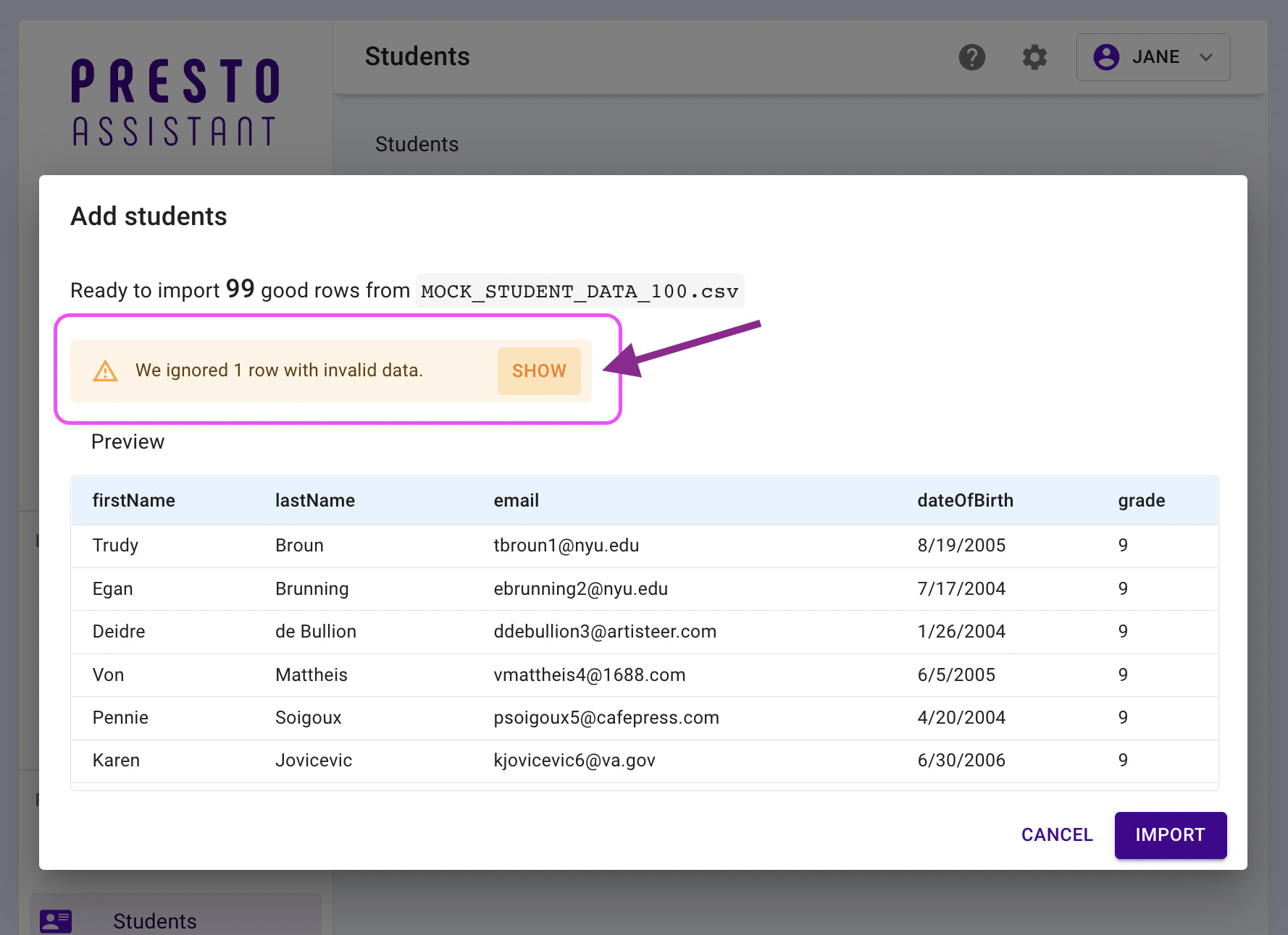 A preview of good rows is shown and the alert about invalid data is highlighted.