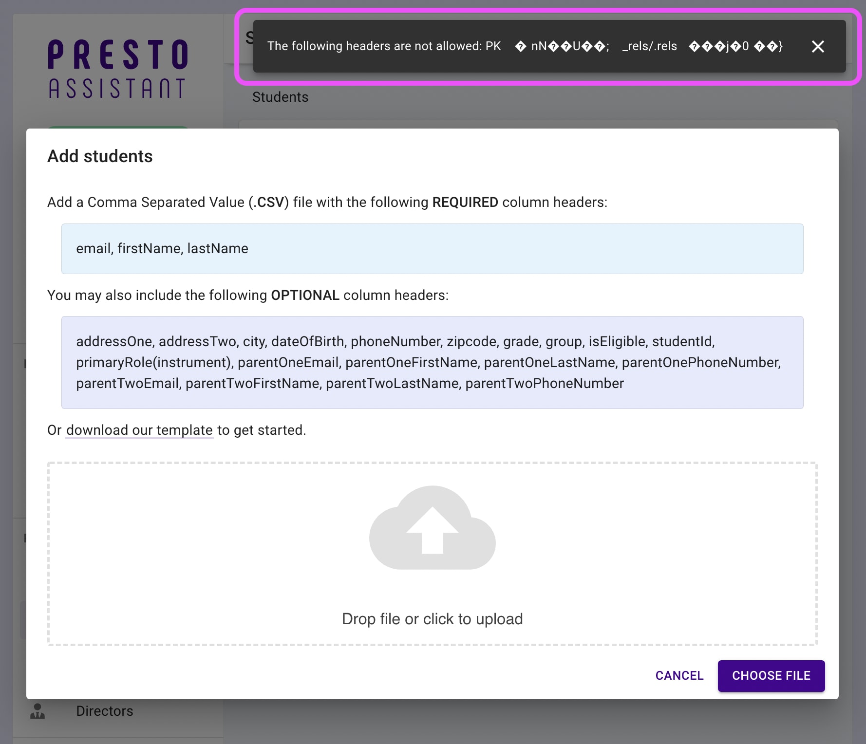 Student import dialog with error message notification highlighted.