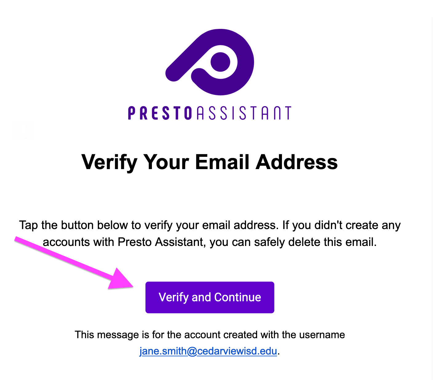 Verification email content with arrow pointing at the button labeled Verify and Continue.