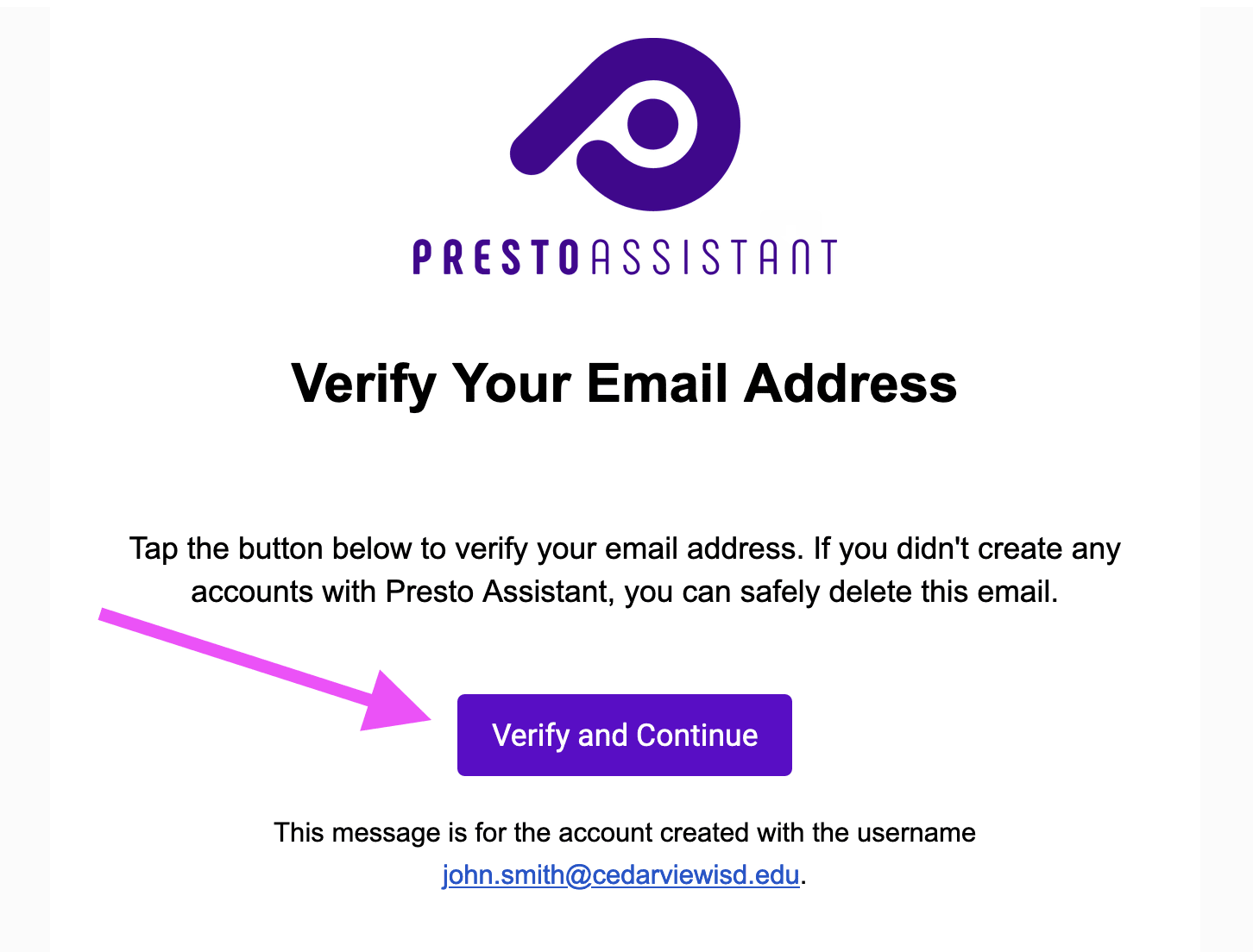 Verification email content with arrow pointing at the button labeled Verify and Continue.