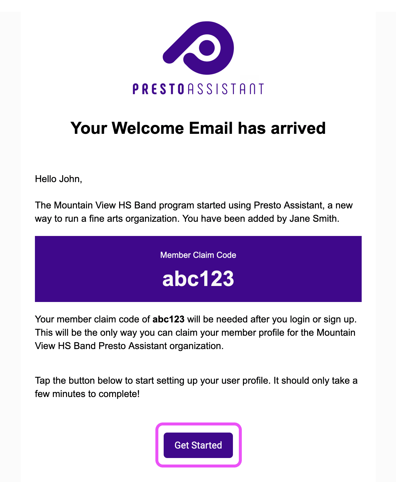 Welcome email highlighting the Get Started button.