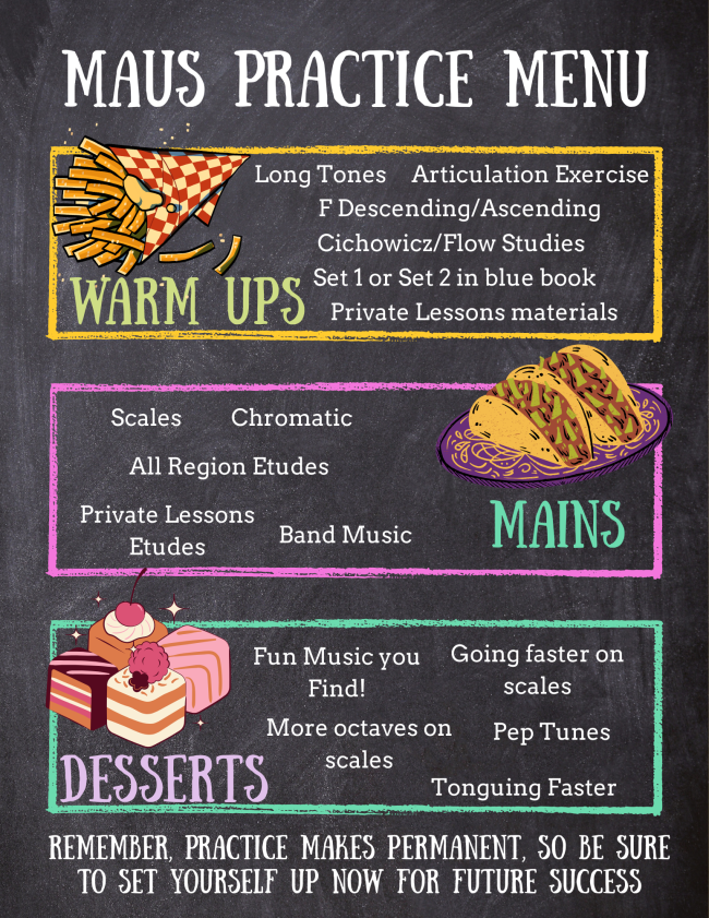 Maus Middle School Band practice menu graphic.