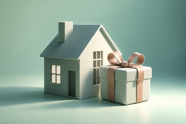 Maison miniature accompagnée d'un paquet cadeau, symbolisant le coup de pouce d'un prêt familial pour un achat immobilier.