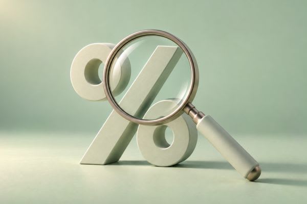 Symbole pourcentage sous une loupe pour illustrer le taux de rachat de crédit en 2026