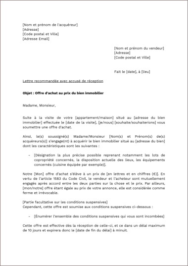 Lettre Proposition Achat Terrain  Lettre 234