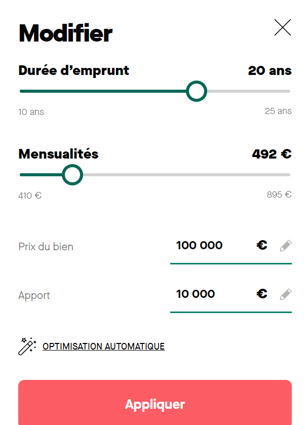 Simulation prêt immobilier de 100 000 euros sur 20 ans avec mensualités de 347 euros