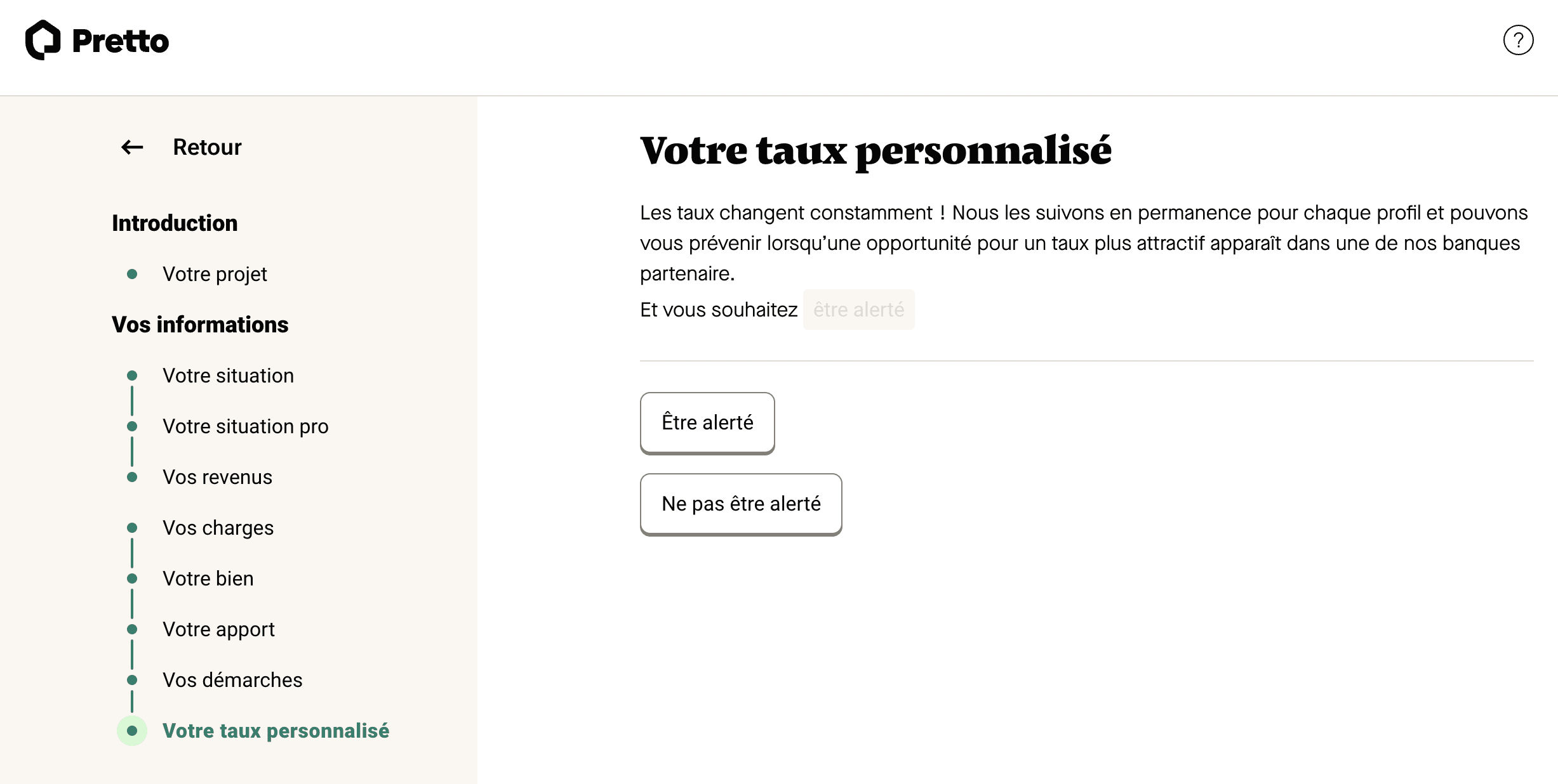 Une capture d’écran montrant l’inscription à l’alerte taux dans le simulateur Pretto