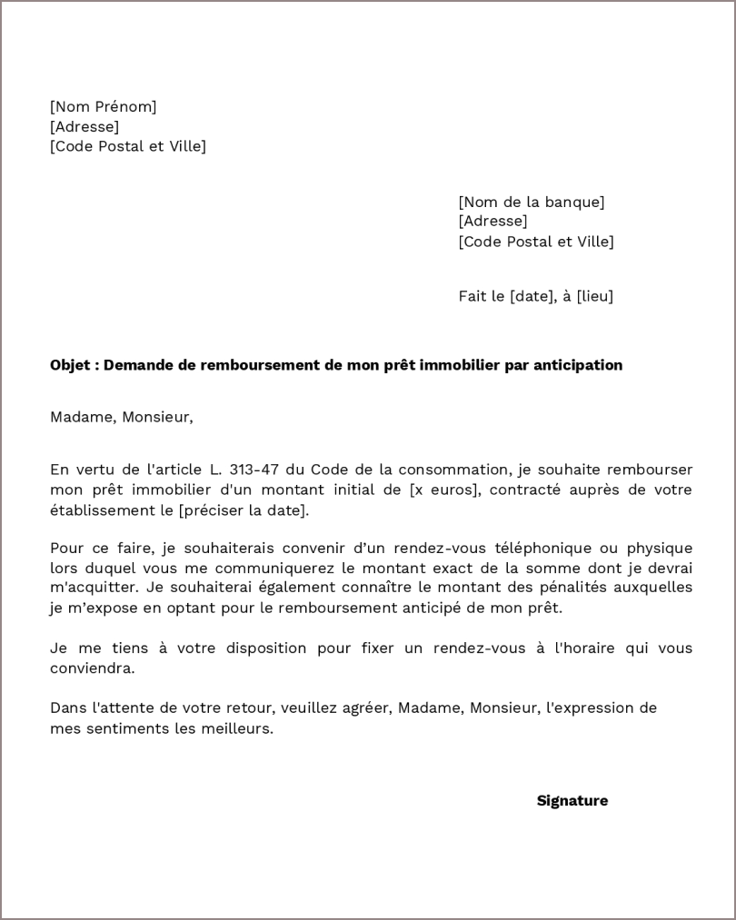 Modèle de lettre pour demande remboursement anticipé de prêt