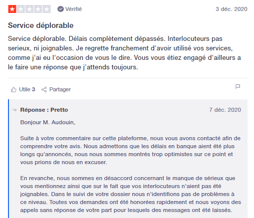 exemple de réponse d'un avis client sur Trustpilot