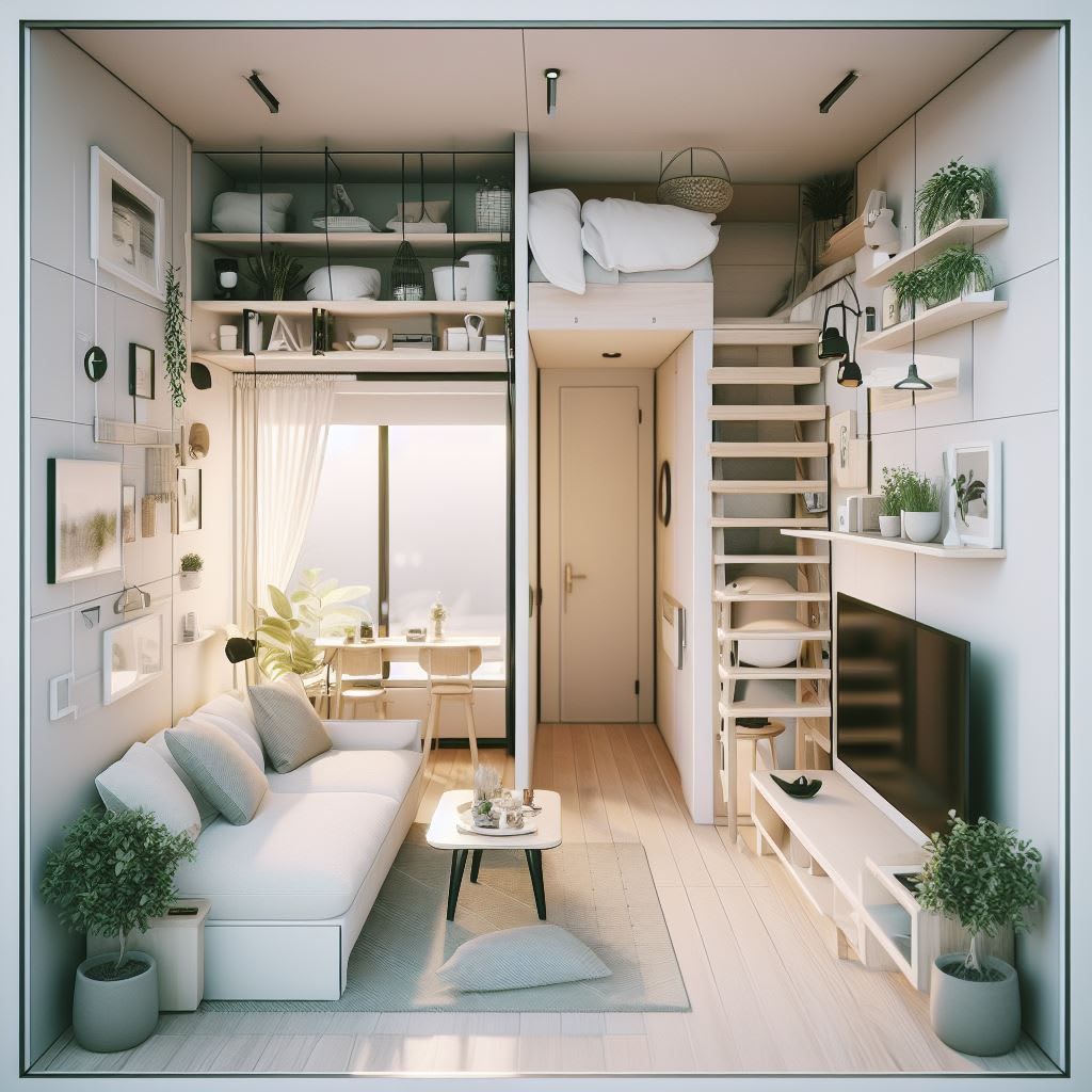 Une vue d'un micro-appartement très bien organisé