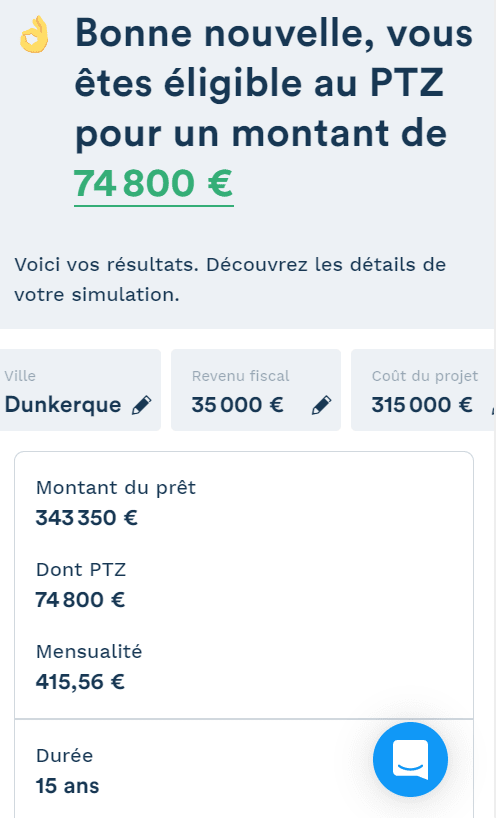 Simulation montant du PTZ de 74800 € pour un projet de 315000 euros