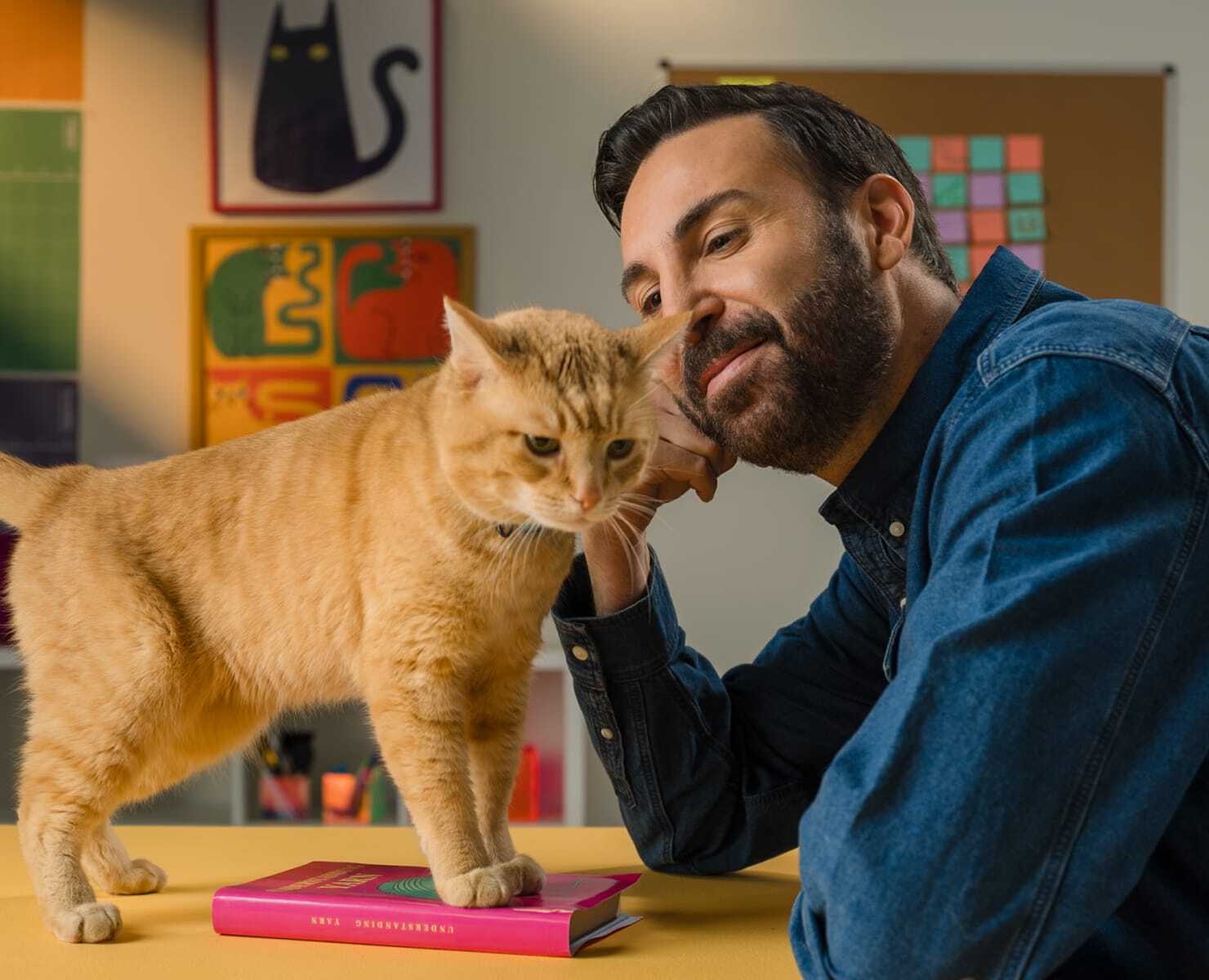 Daniel Rotman with his orange tabby cat