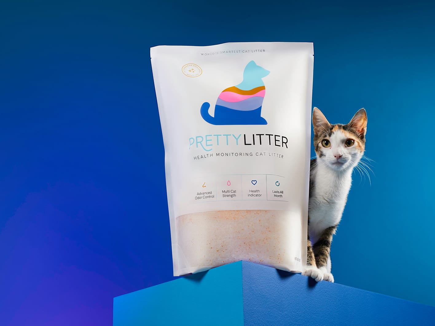 Cat with PrettyLitter bag and litter box