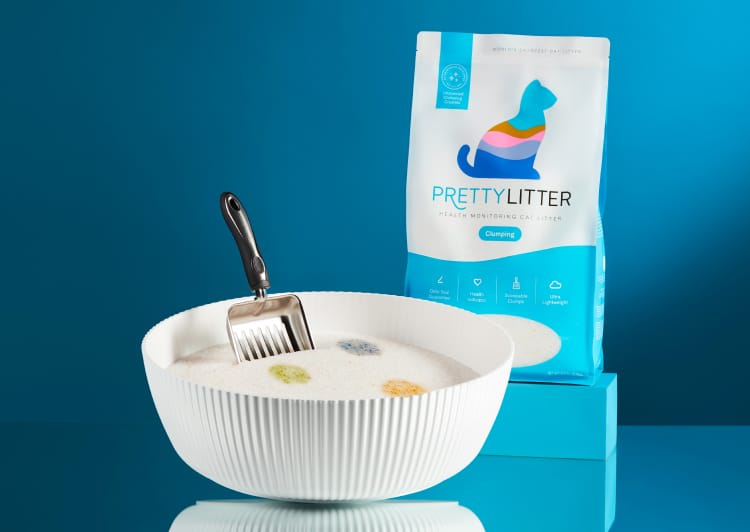 A white bowl filled with PrettyLitter cat litter