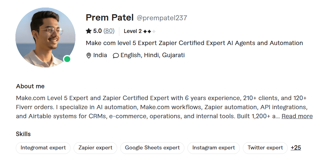 Prem Patel Fiverr profile showing a 5.0 rating across 80 reviews as a Make and AI automation expert in India