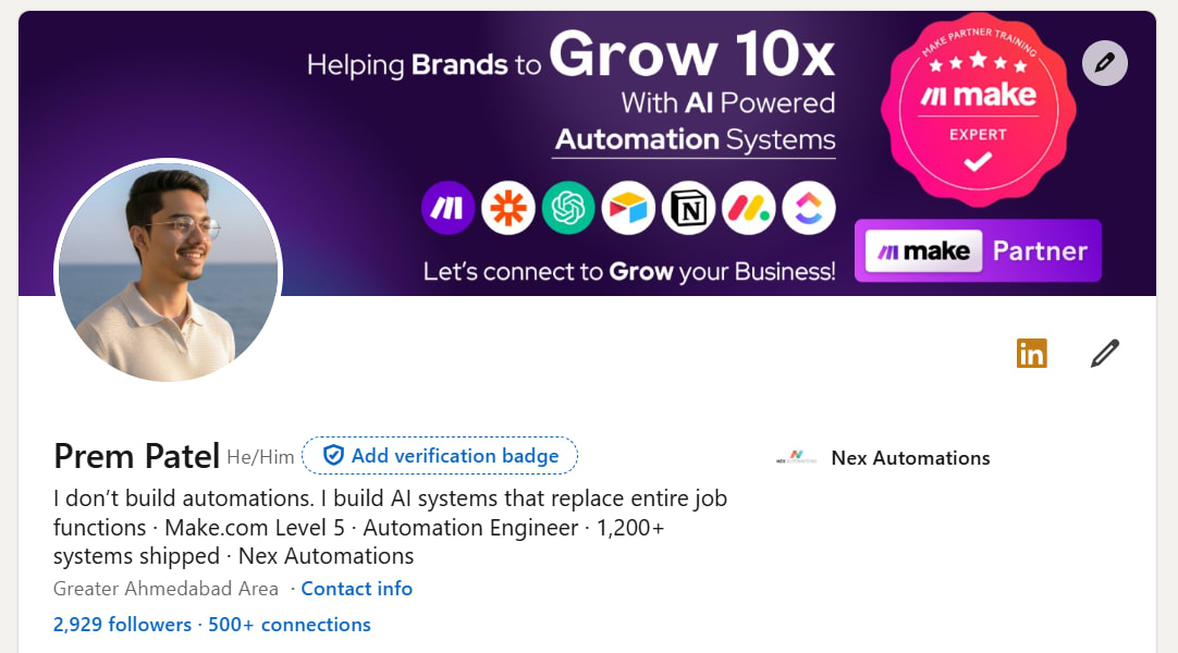 Prem Patel LinkedIn profile showing Make Level 5 Expert and Make Partner badges