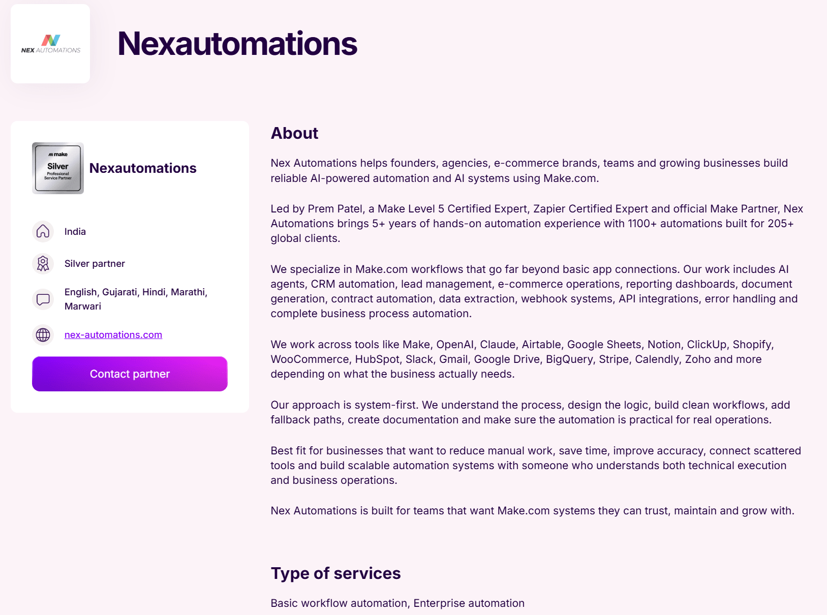 Nex Automations listed as a verified Make Silver Partner in the official Make partner directory, India