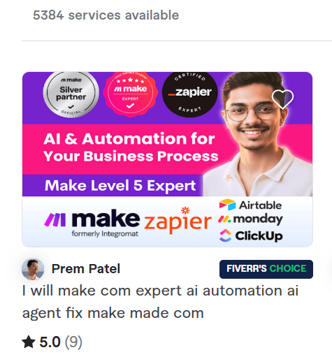 Prem Patel Fiverr's Choice badge on the Make.com automation expert gig