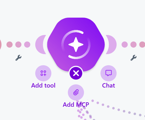 The Make.com AI Agent module shown as a hexagon with Add tools, Add MCP and Chat with agent options on hover
