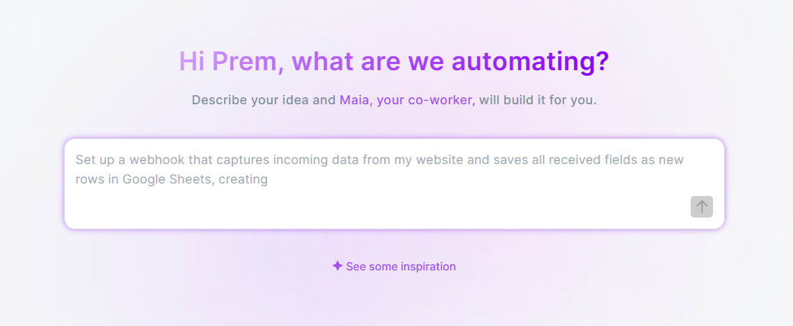Make.com home screen AI builder where you describe an automation in plain language to start building