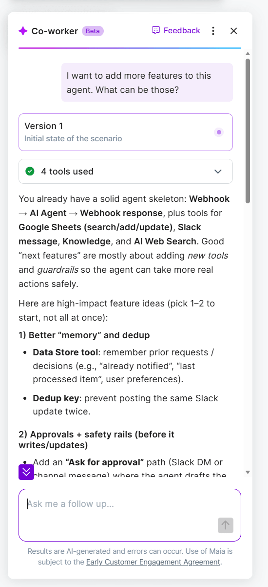 Make's AI coworker chat panel in beta configuring and editing a workflow by asking questions and taking inputs, June 2026
