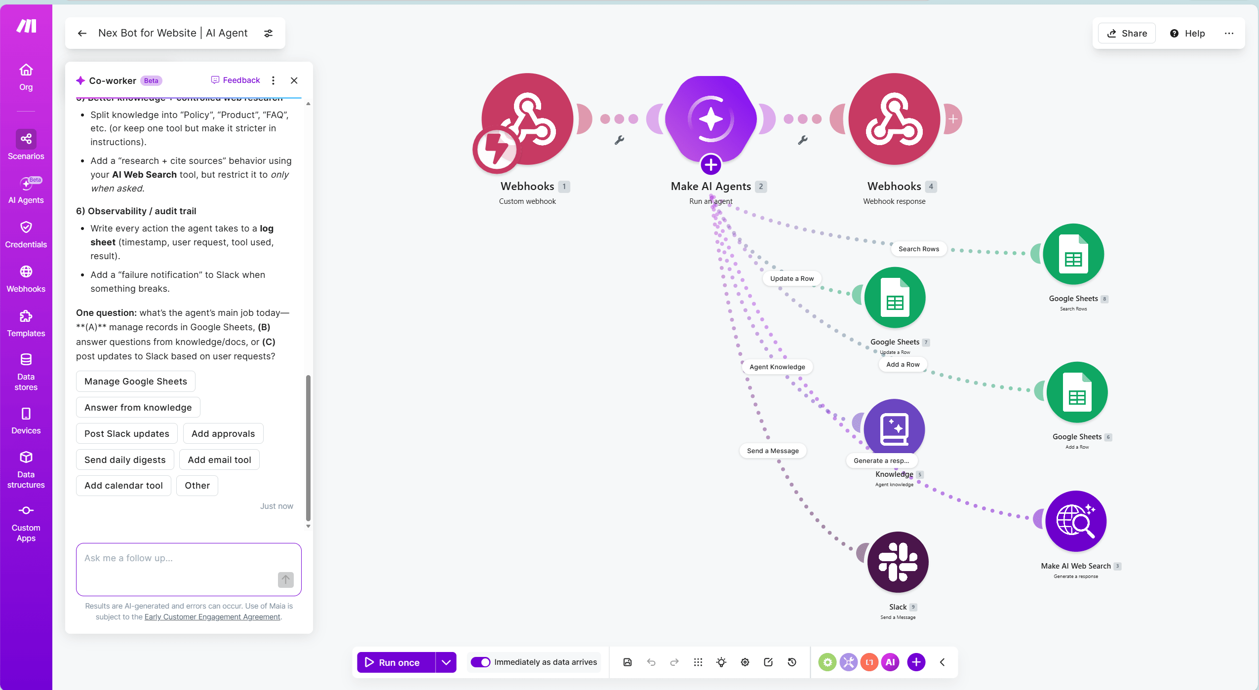 A Make.com scenario with an AI agent module alongside the AI coworker assistant in beta