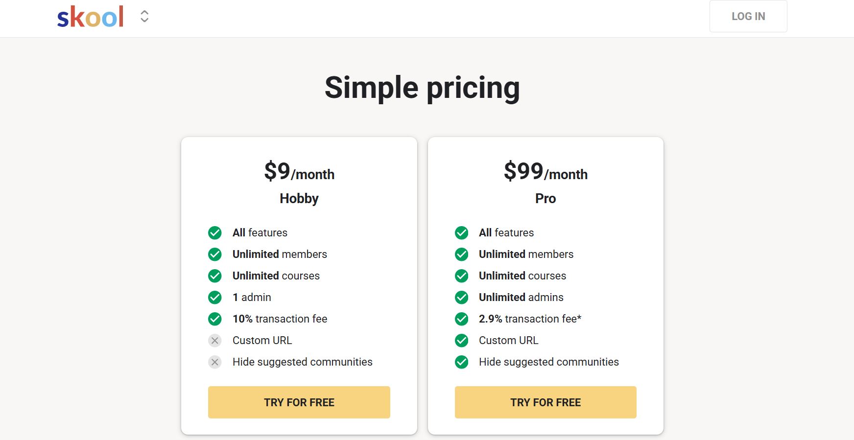 Skool pricing page